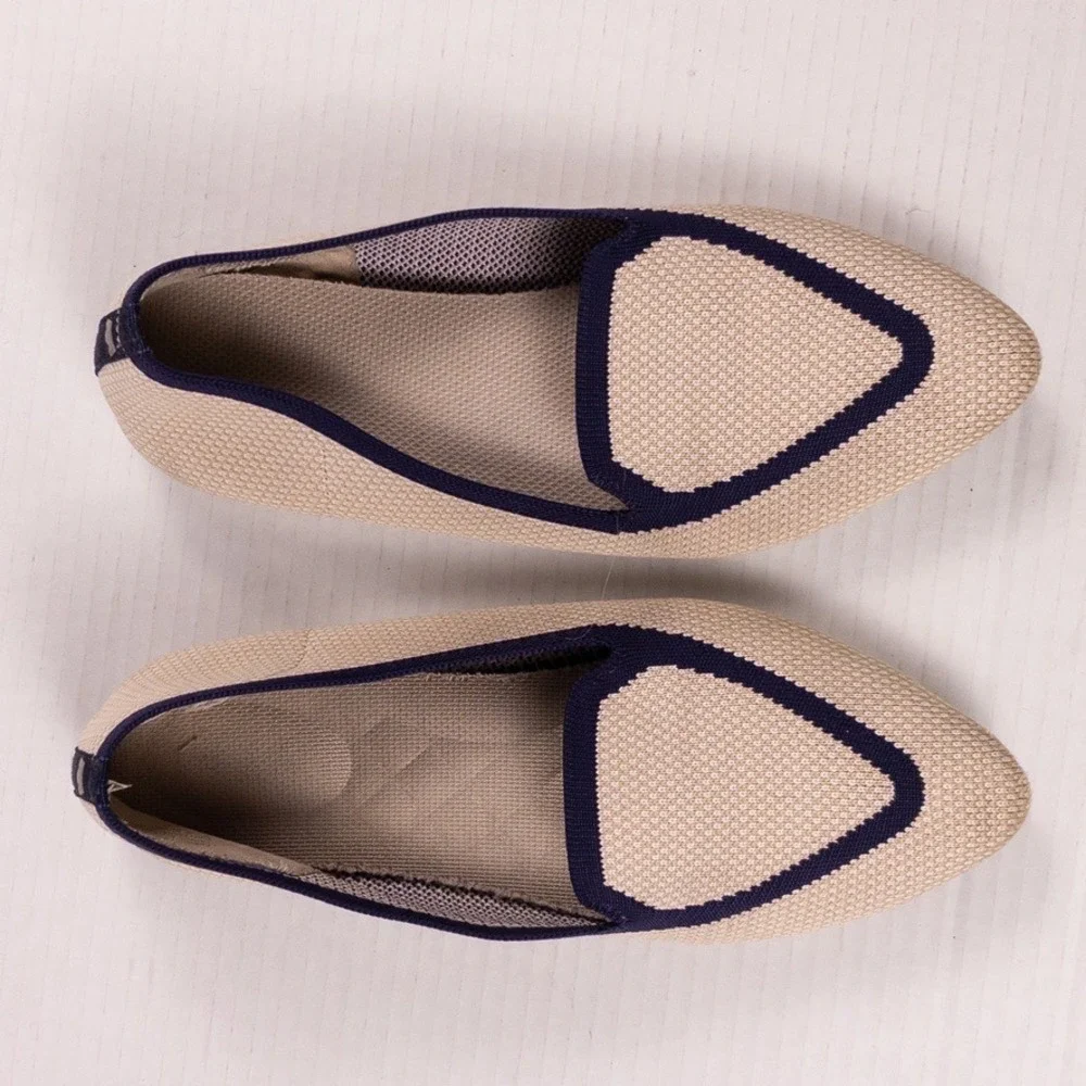 Birdies Blackbird Loafers Womens 7.5 Beige Navy Washable Knit Flats Pointed Toe